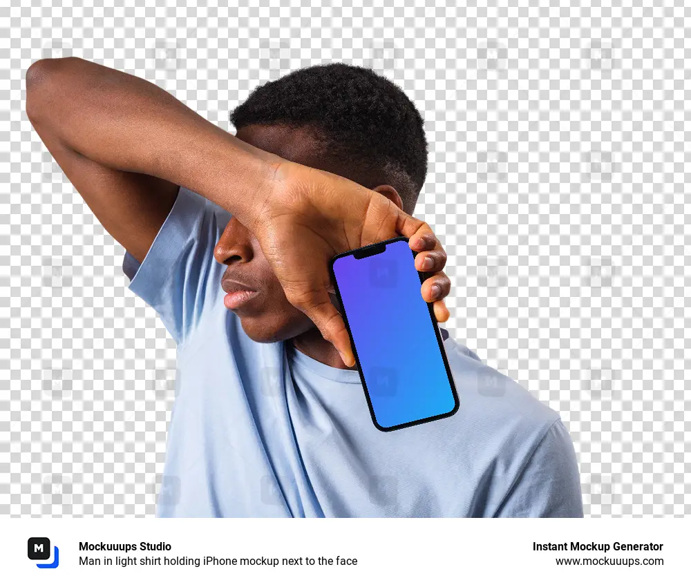 Man in light shirt holding iPhone mockup next to the face