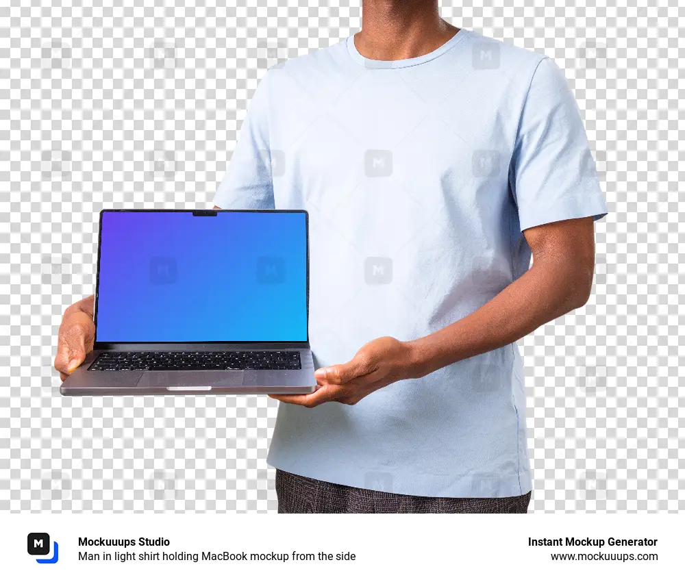 Man in light shirt holding MacBook mockup from the side