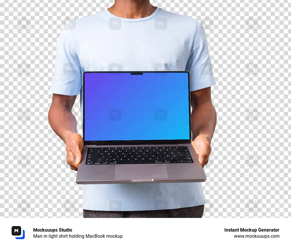 Man in light shirt holding MacBook mockup
