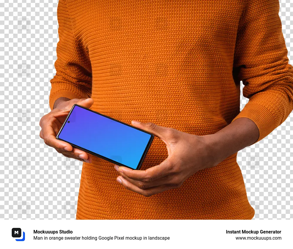 Man in orange sweater holding Google Pixel mockup in landscape