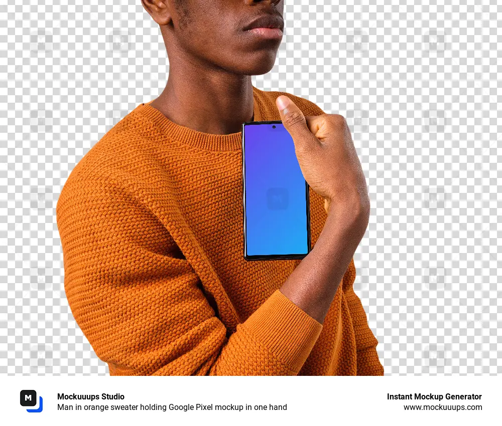 Man in orange sweater holding Google Pixel mockup in one hand