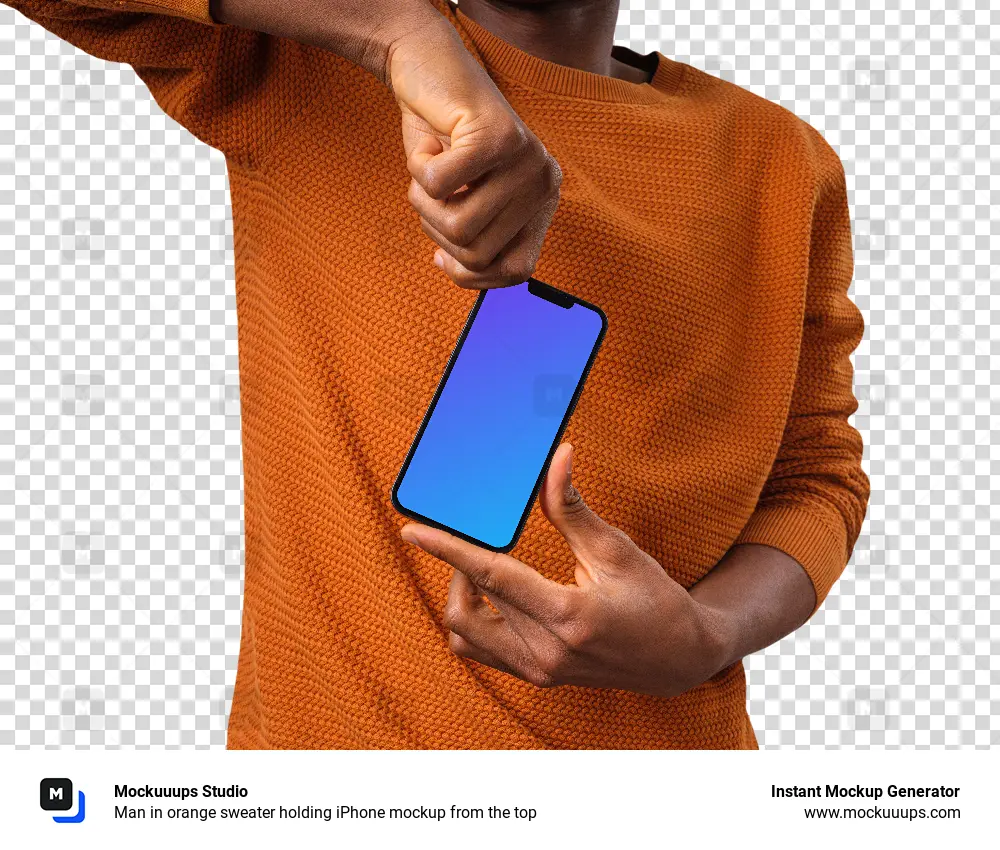 Man in orange sweater holding iPhone mockup from the top