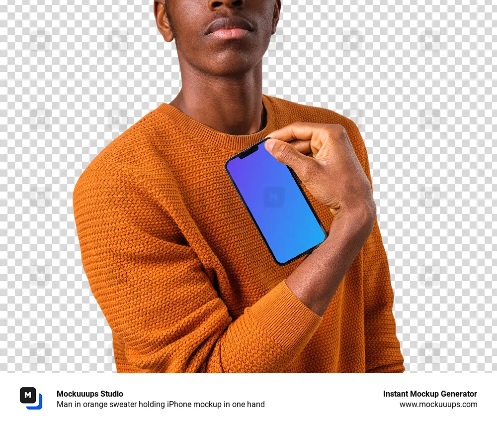 Man in orange sweater holding iPhone mockup in one hand