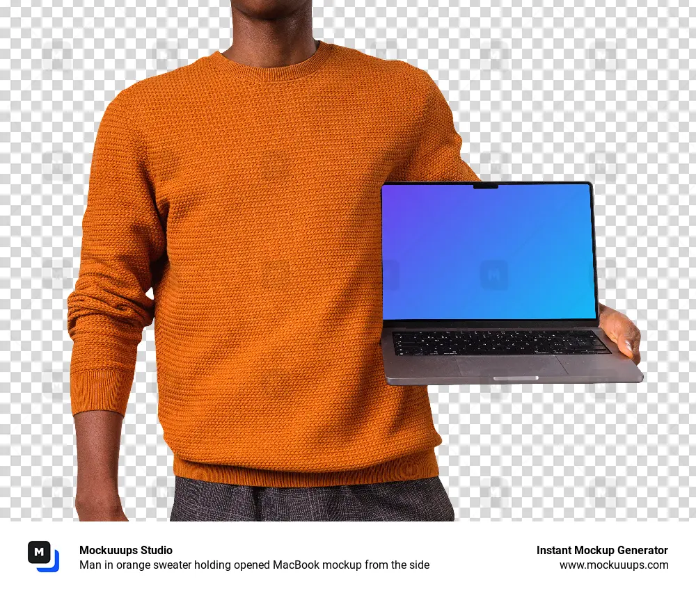 Man in orange sweater holding opened MacBook mockup from the side