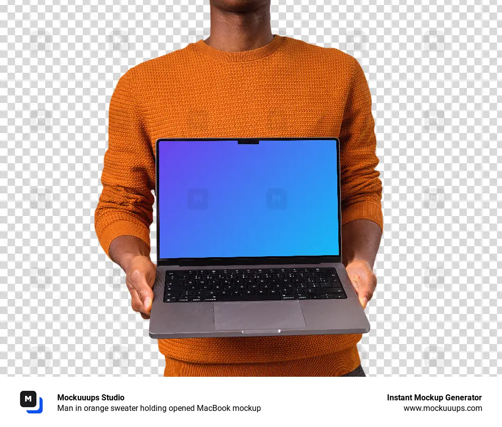 Man in orange sweater holding opened MacBook mockup