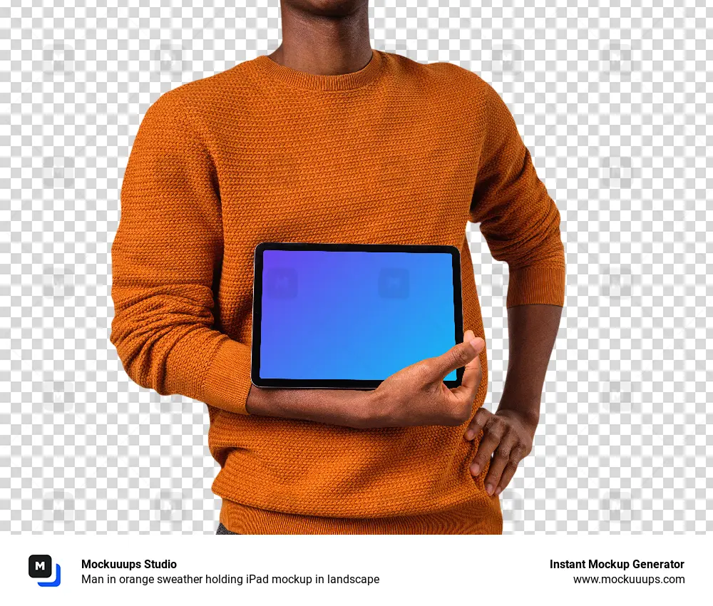 Man in orange sweather holding iPad mockup in landscape