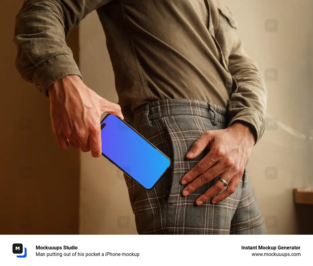 Man putting out of his pocket a iPhone mockup