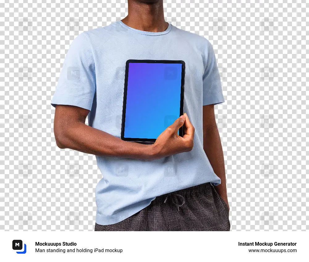 Man standing and holding iPad mockup