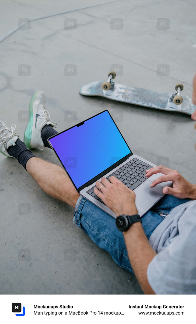 Man typing on a MacBook Pro 14 mockup with skateboard