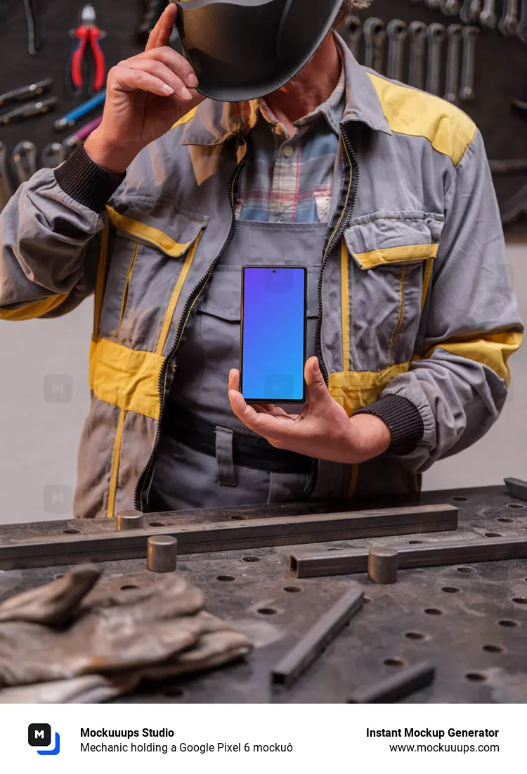 Mechanic holding a Google Pixel 6 mockuô