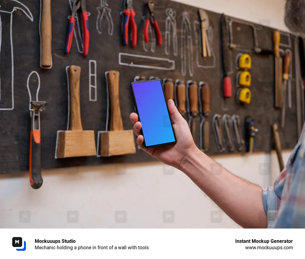 Mechanic holding a phone in front of a wall with tools
