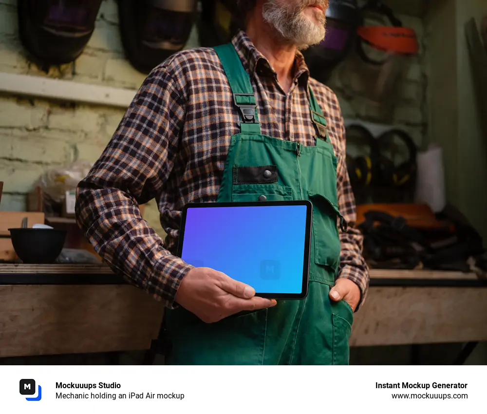 Mechanic holding an iPad Air mockup