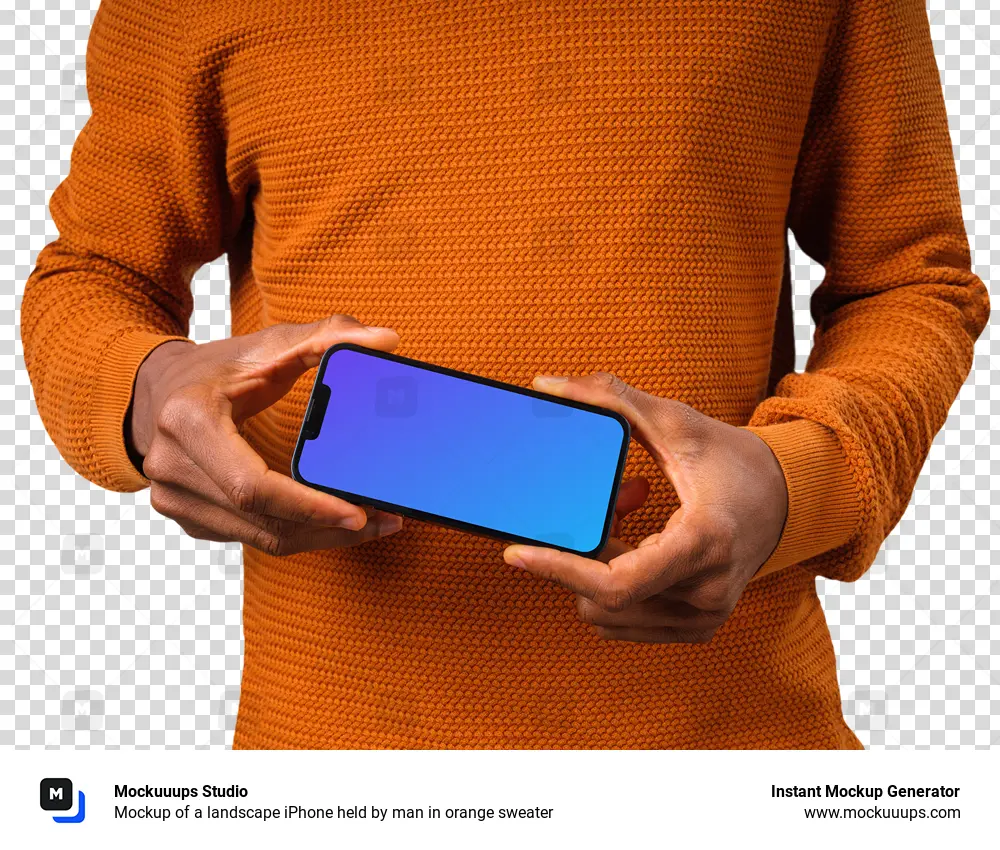 Mockup of a landscape iPhone held by man in orange sweater