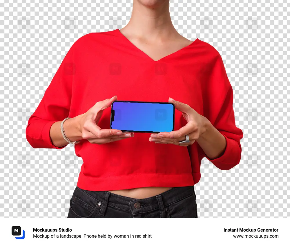 Mockup of a landscape iPhone held by woman in red shirt