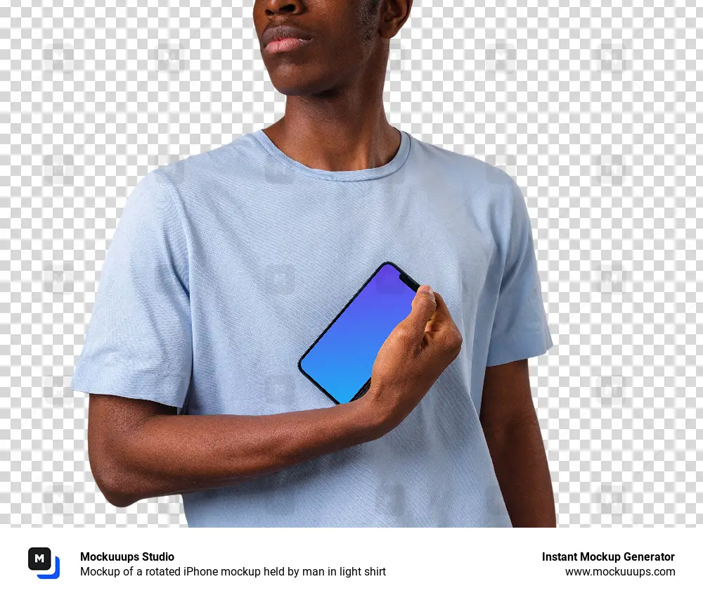 Mockup of a rotated iPhone mockup held by man in light shirt