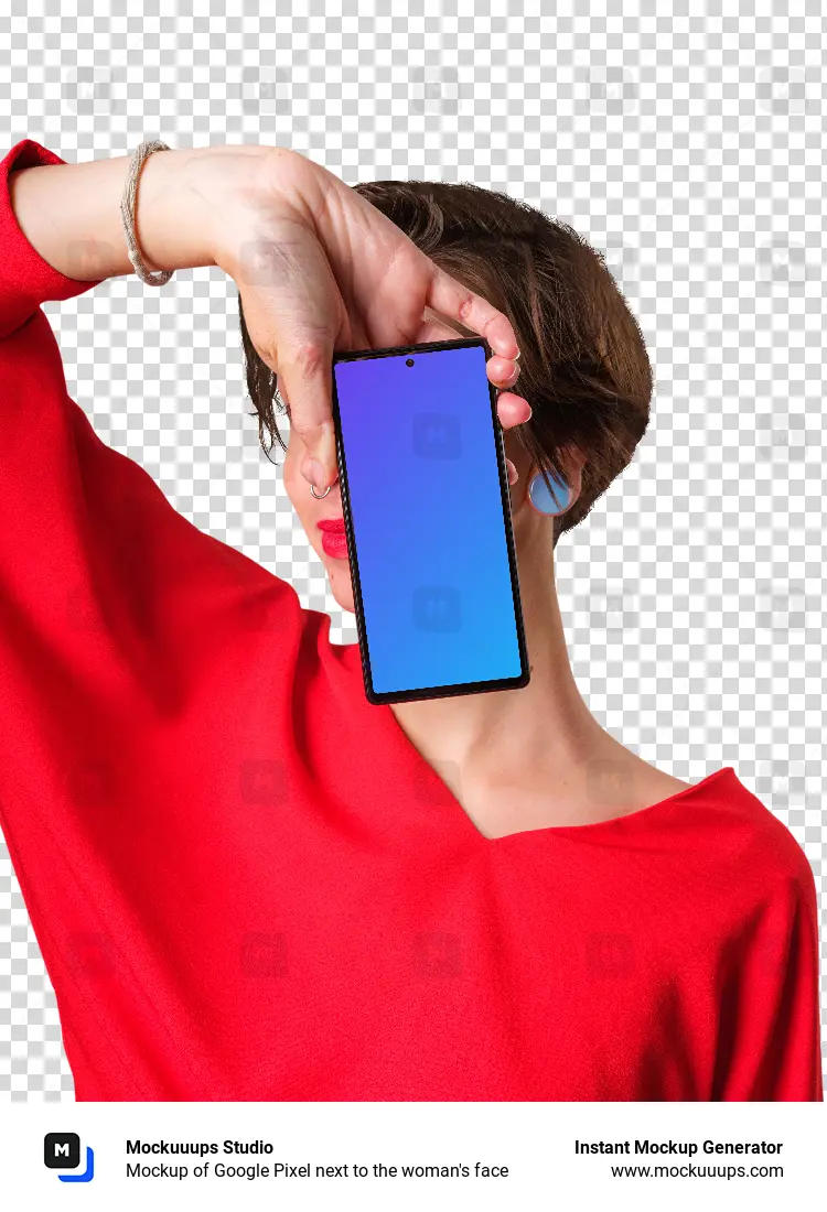 Mockup of Google Pixel next to the woman's face