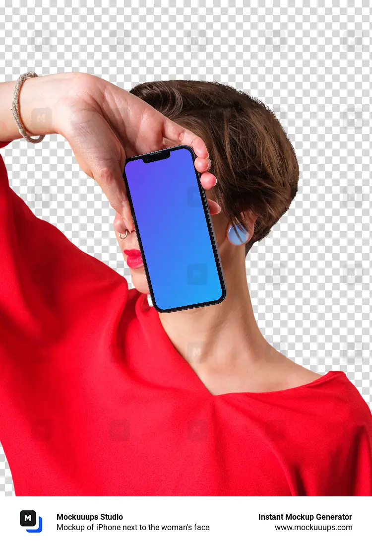 Mockup of iPhone next to the woman's face