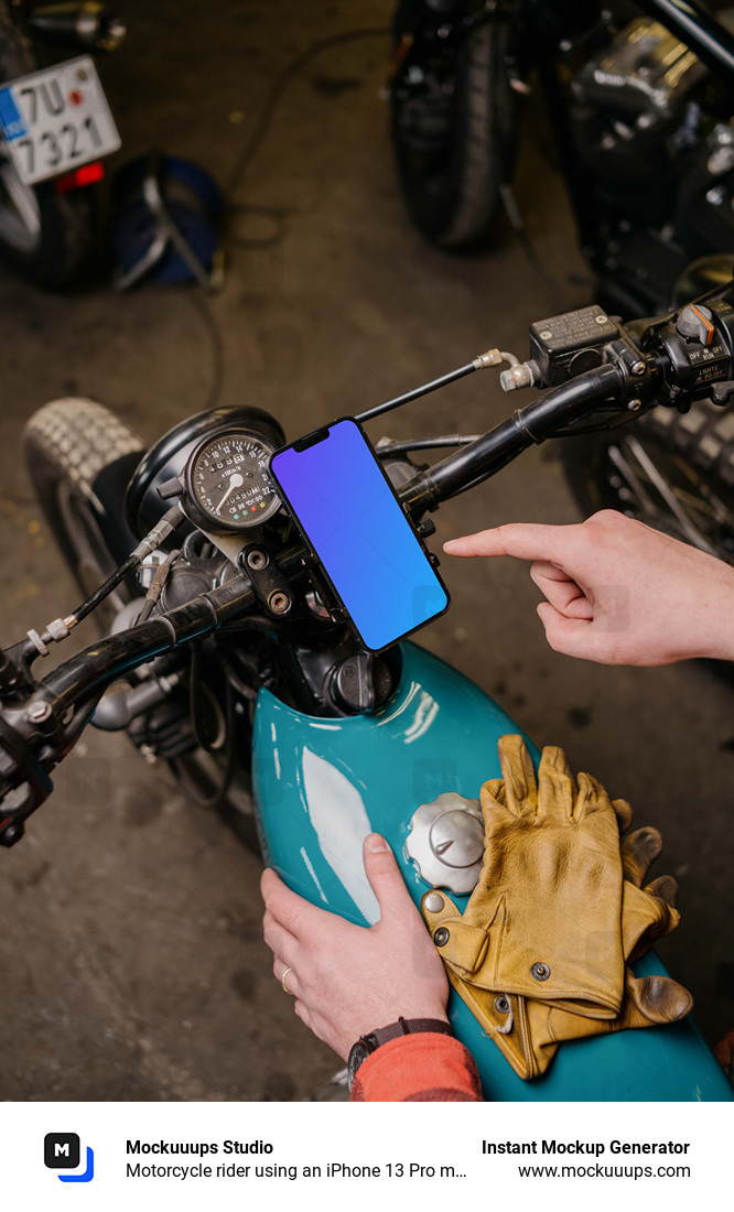 Motorcycle rider using an iPhone 13 Pro mockup 