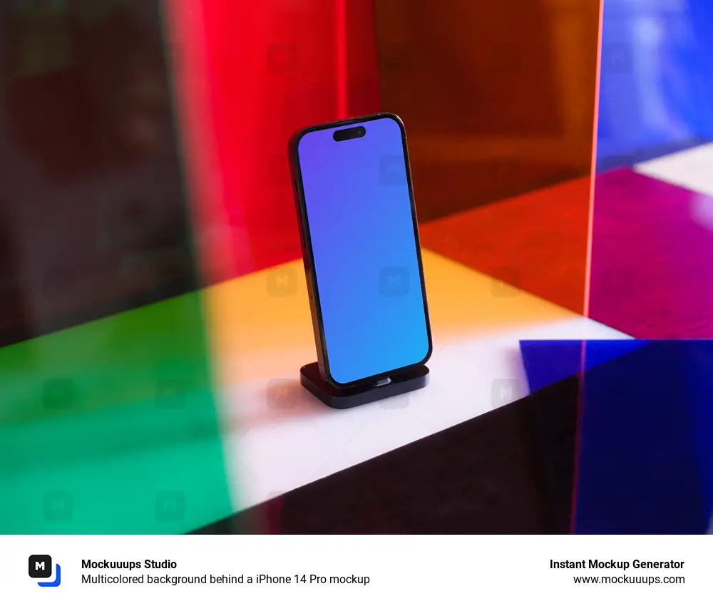 Multicolored background behind a iPhone 14 Pro mockup