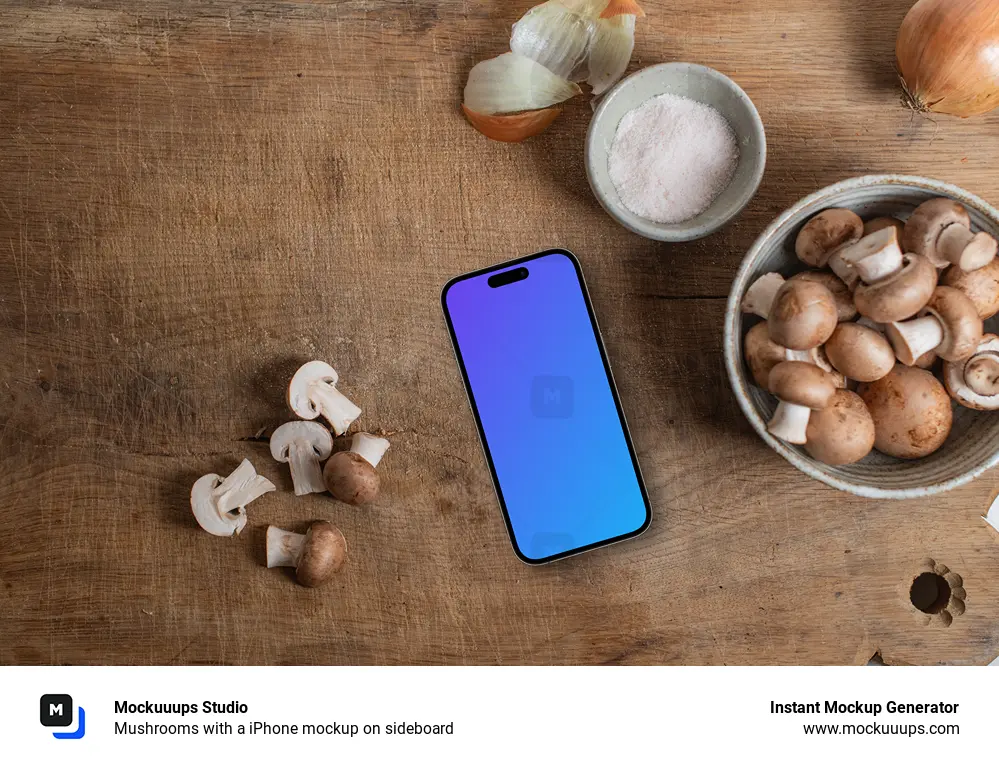 Mushrooms with a iPhone mockup on sideboard