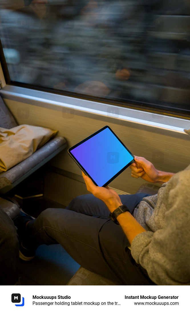 Passenger holding tablet mockup on the train