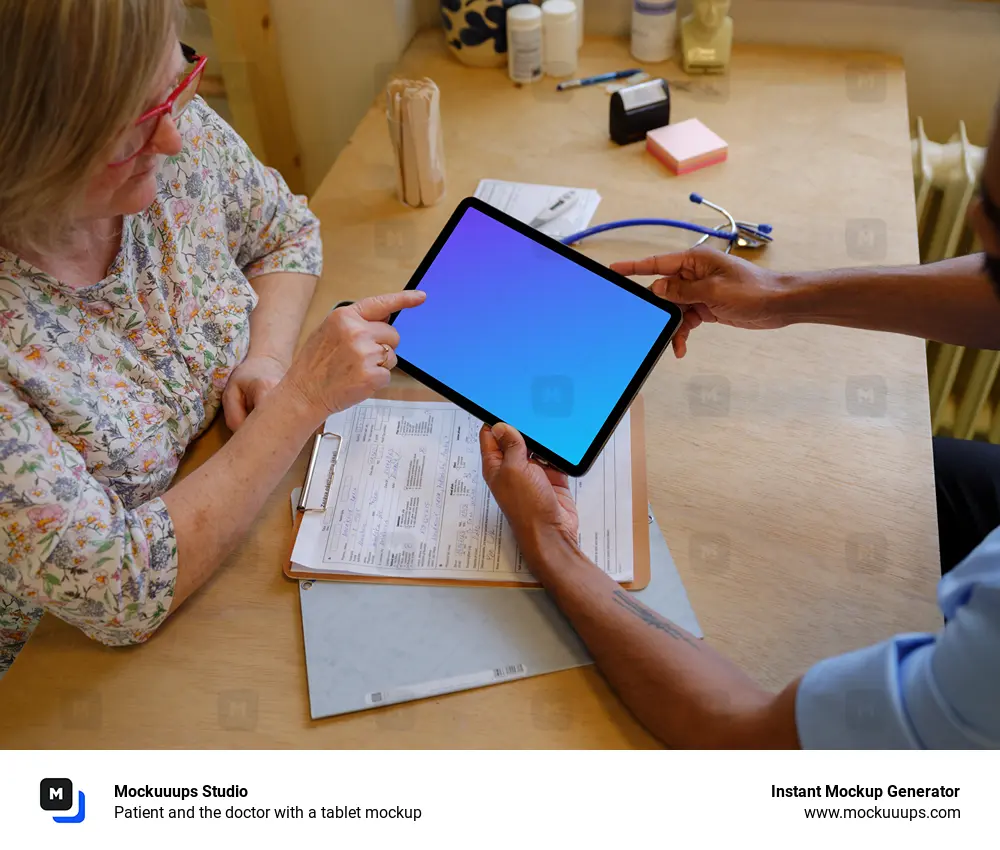 Patient and the doctor with a tablet mockup