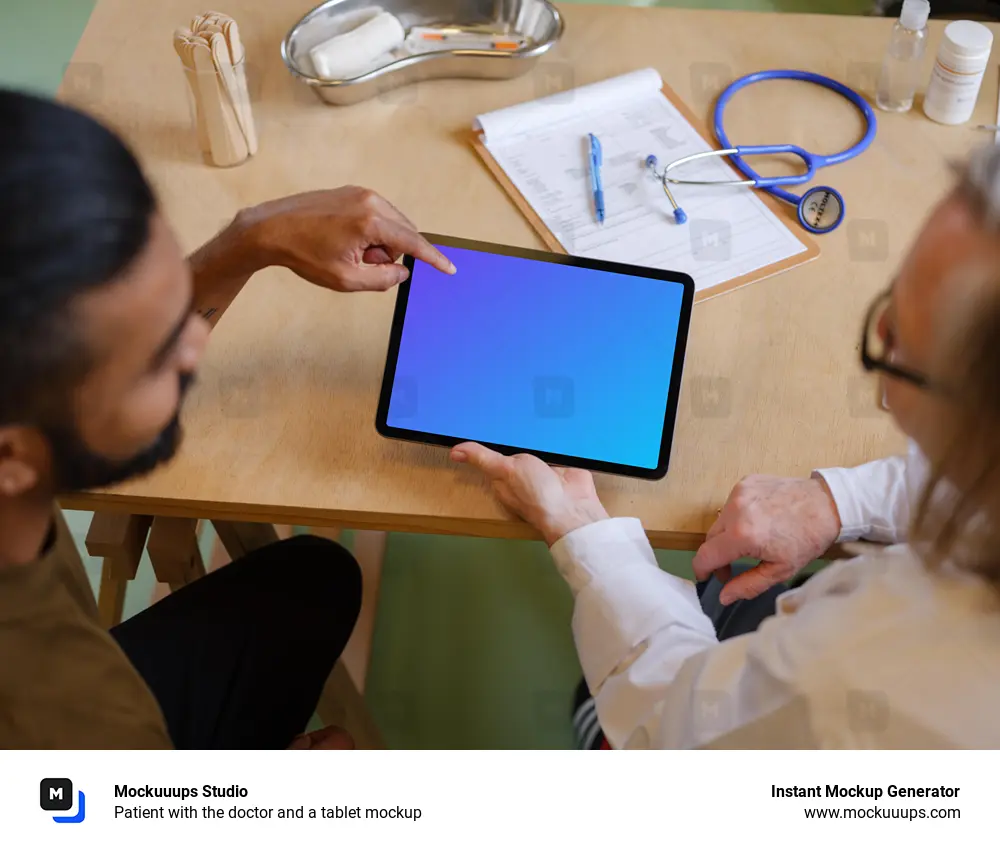 Patient with the doctor and a tablet mockup