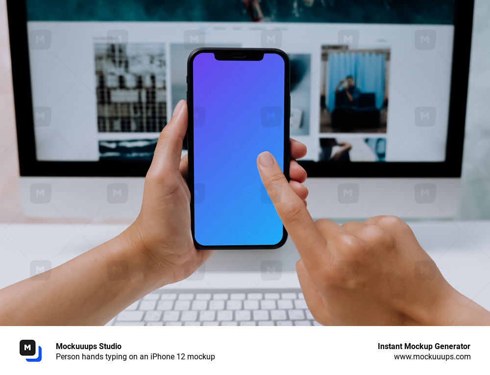 Person hands typing on an iPhone 12 mockup