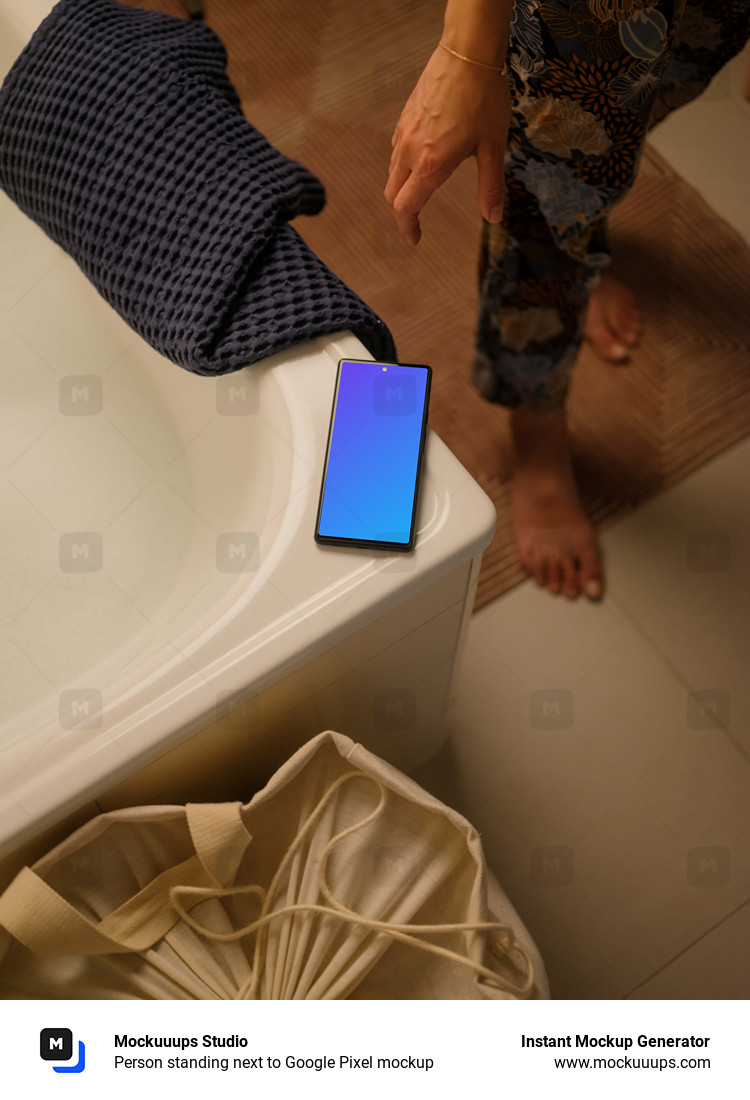 Person standing next to Google Pixel mockup