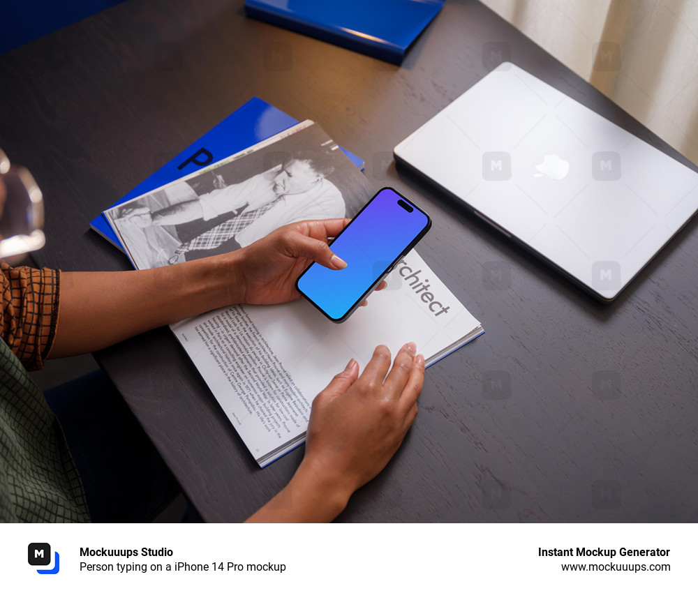 Person typing on a iPhone 14 Pro mockup