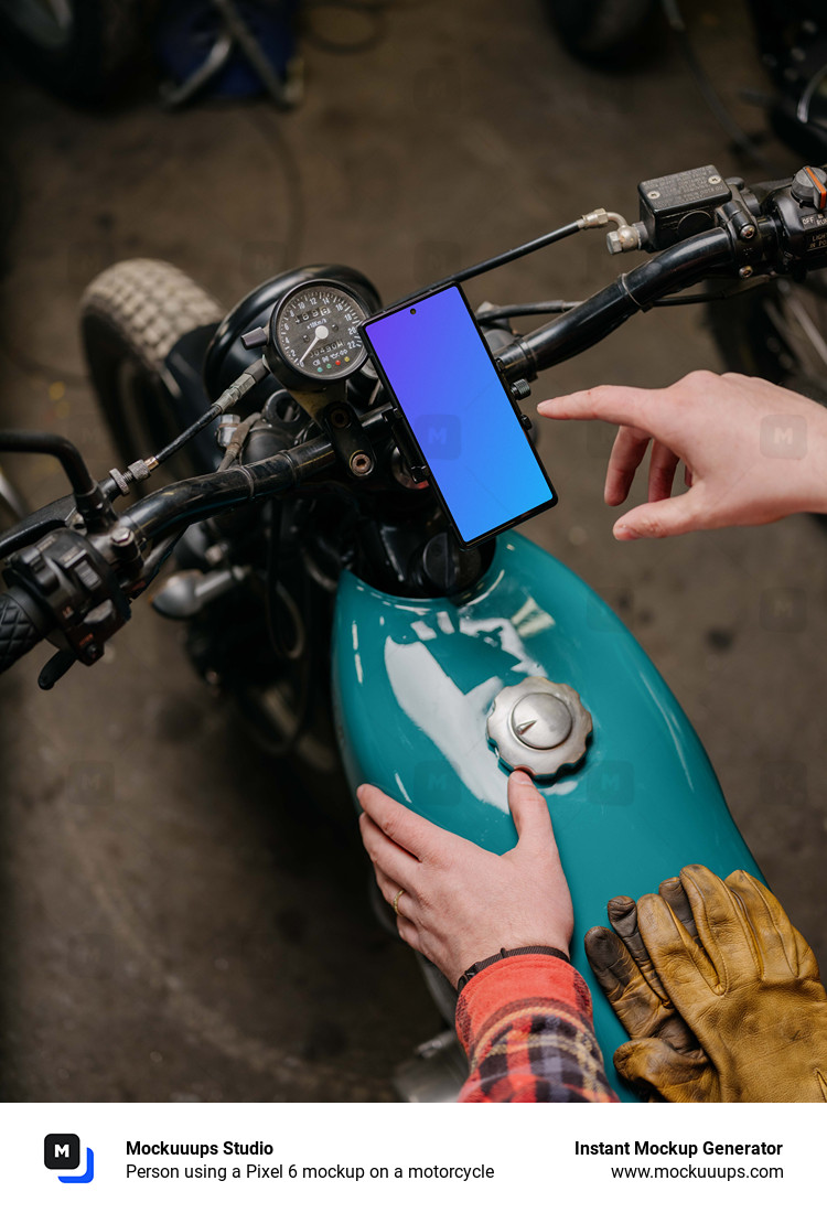 Person using a Pixel 6 mockup on a motorcycle