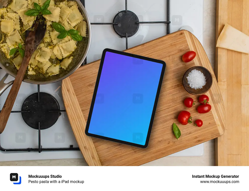 Pesto pasta with a iPad mockup