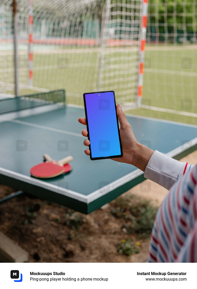 Ping-pong player holding a phone mockup