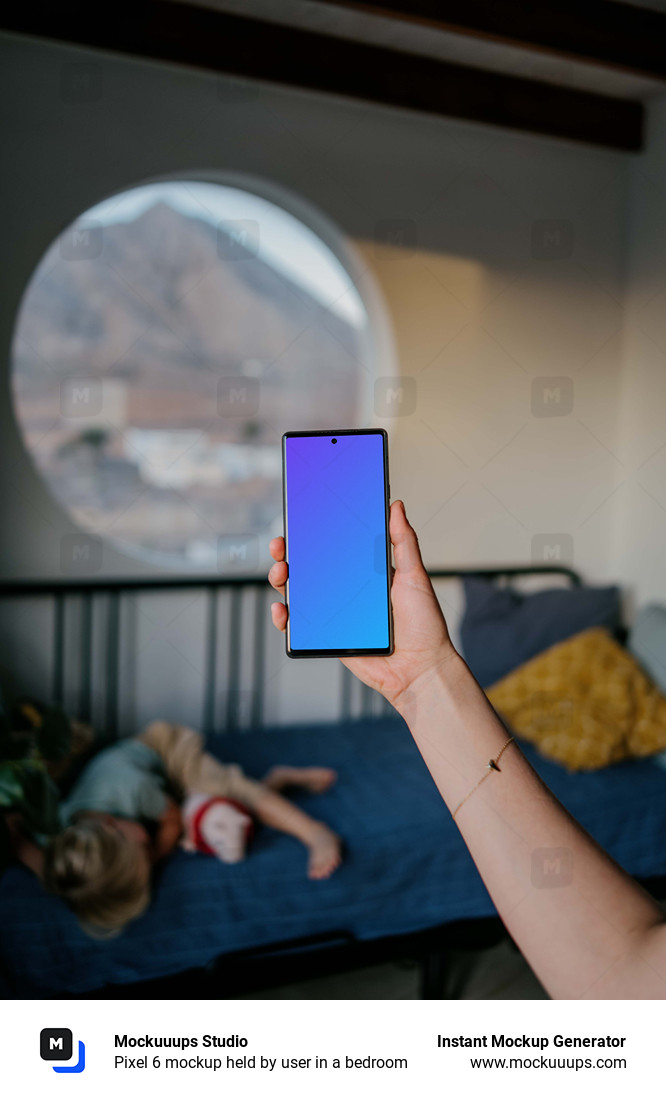 Pixel 6 mockup held by user in a bedroom