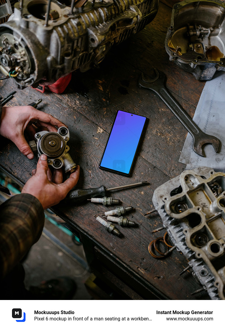 Pixel 6 mockup in front of a man seating at a workbench