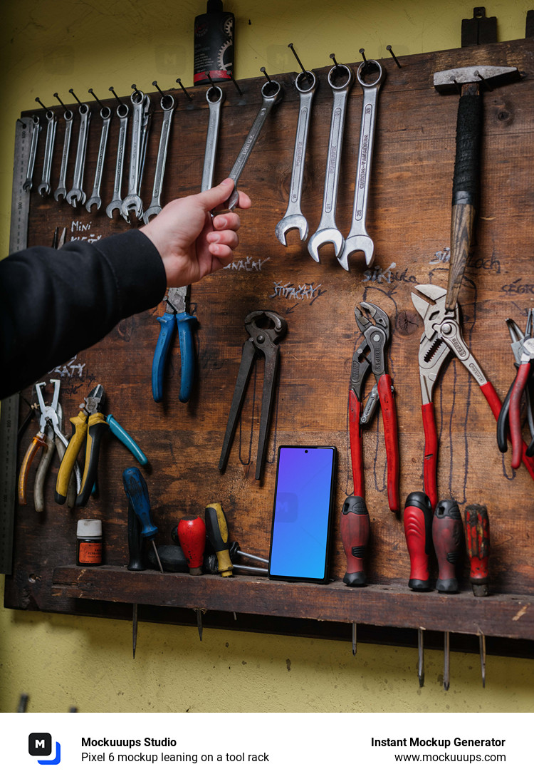 Pixel 6 mockup leaning on a tool rack