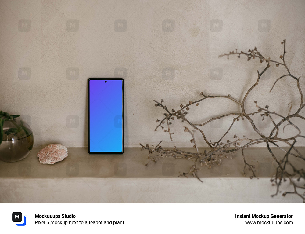 Pixel 6 mockup next to a teapot and plant