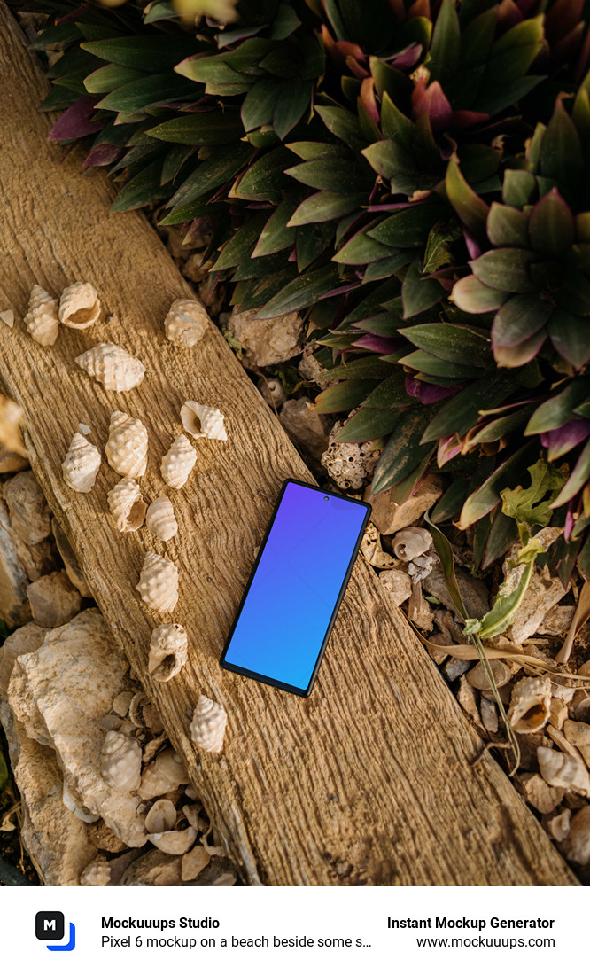 Pixel 6 mockup on a beach beside some seashells