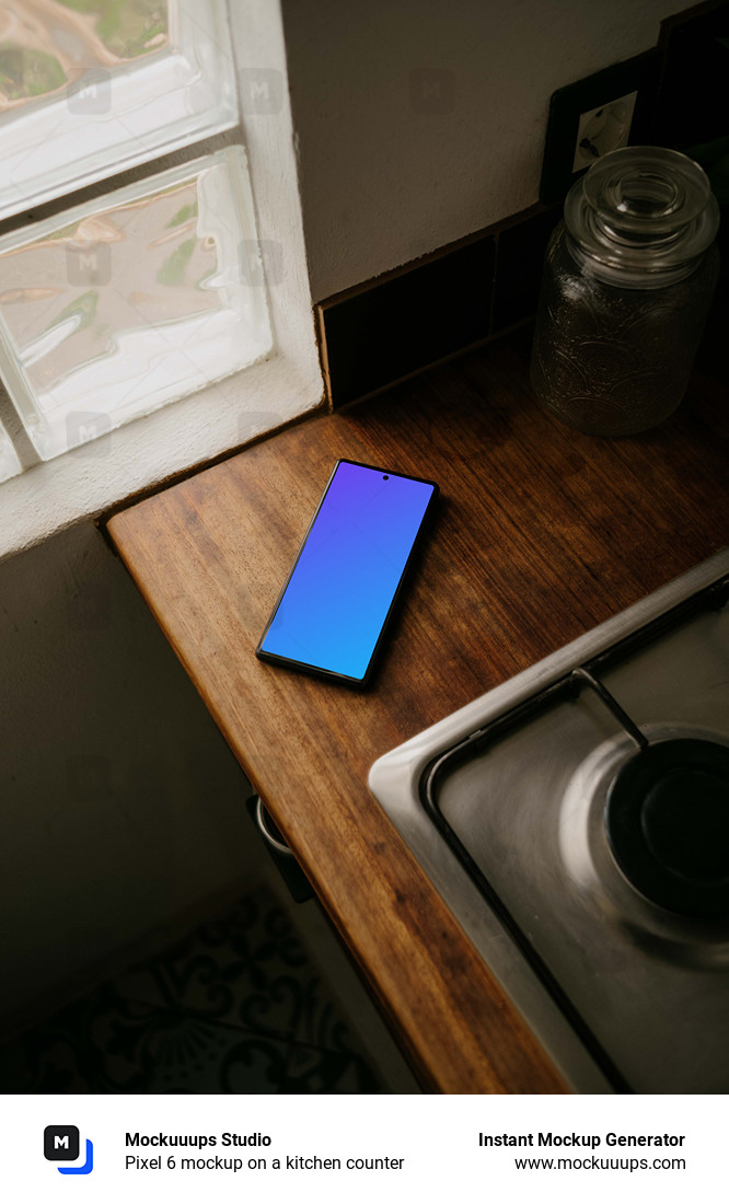 Pixel 6 mockup on a kitchen counter