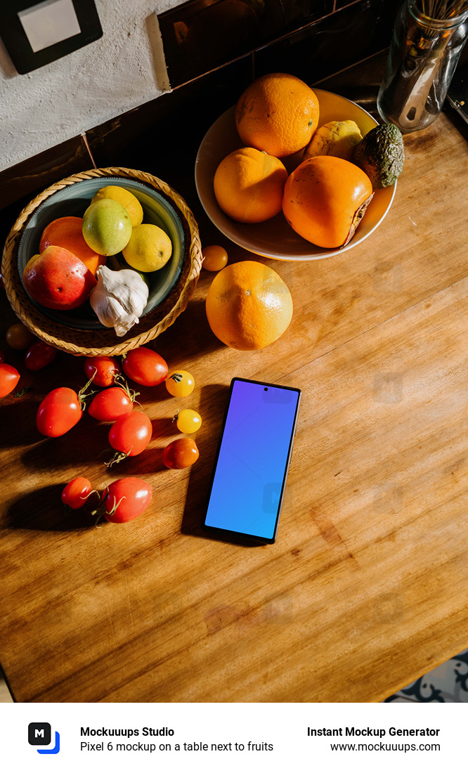 Pixel 6 mockup on a table next to fruits