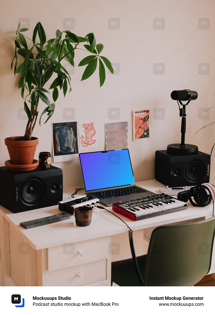 Podcast studio mockup with MacBook Pro