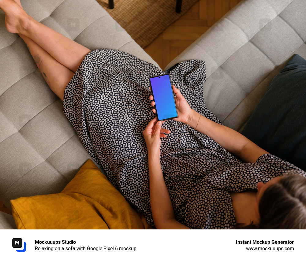 Relaxing on a sofa with Google Pixel 6 mockup