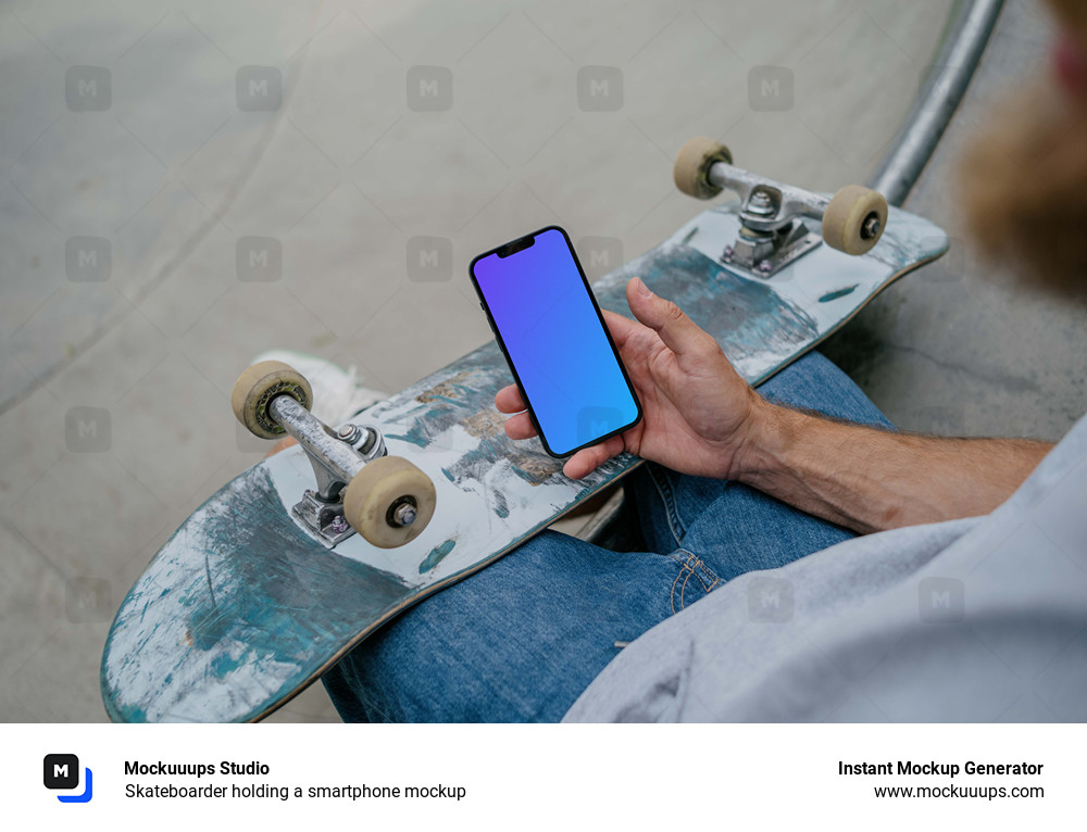 Skateboarder holding a smartphone mockup