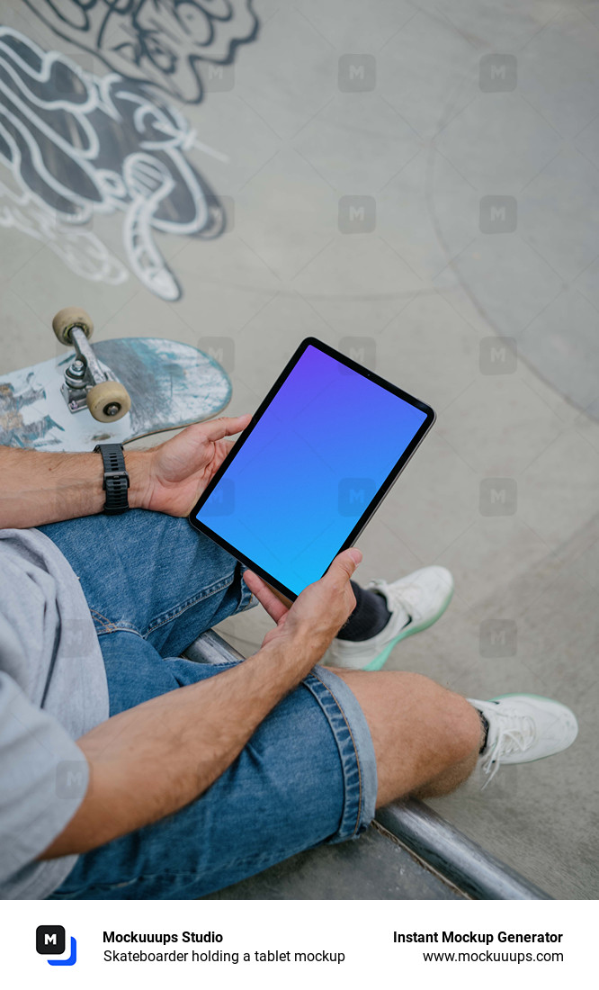 Skateboarder holding a tablet mockup