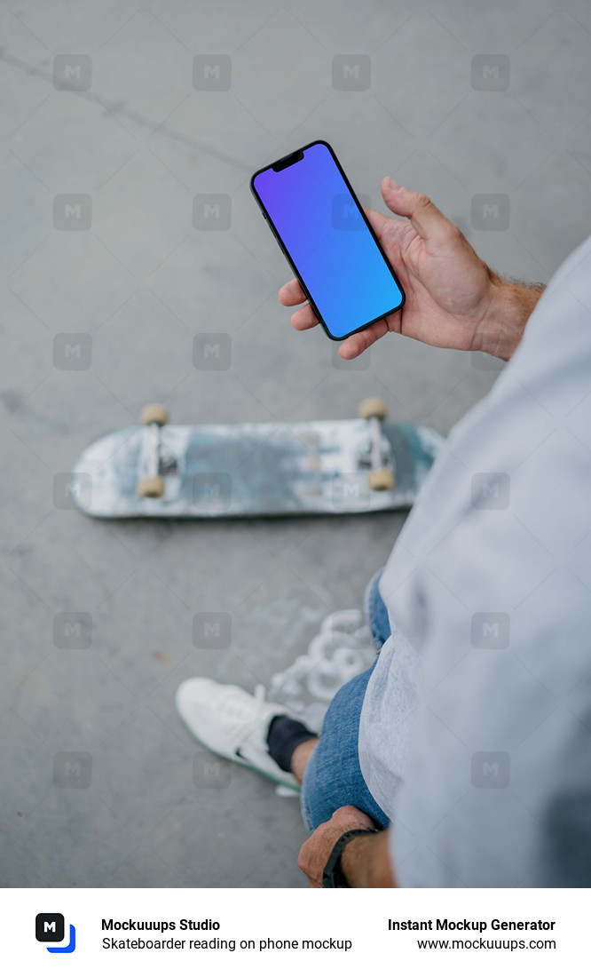 Skateboarder reading on phone mockup