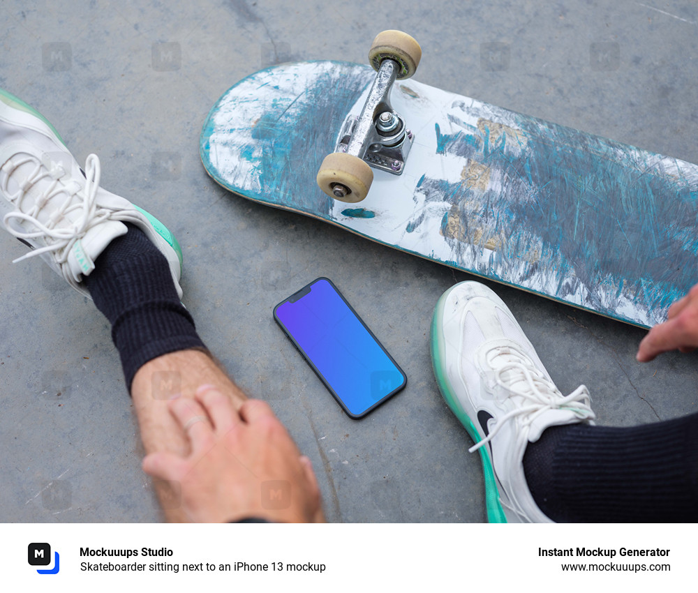Skateboarder sitting next to an iPhone 13 mockup