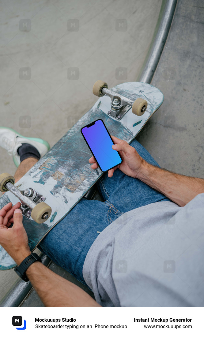 Skateboarder typing on an iPhone mockup