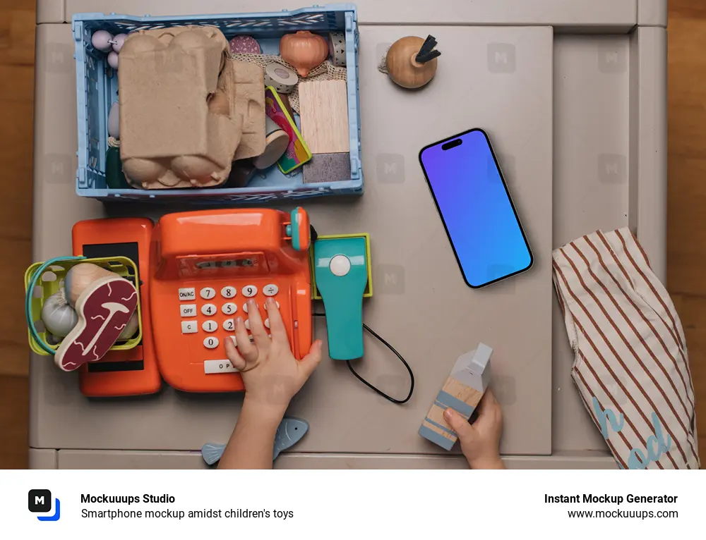 Smartphone mockup amidst children's toys