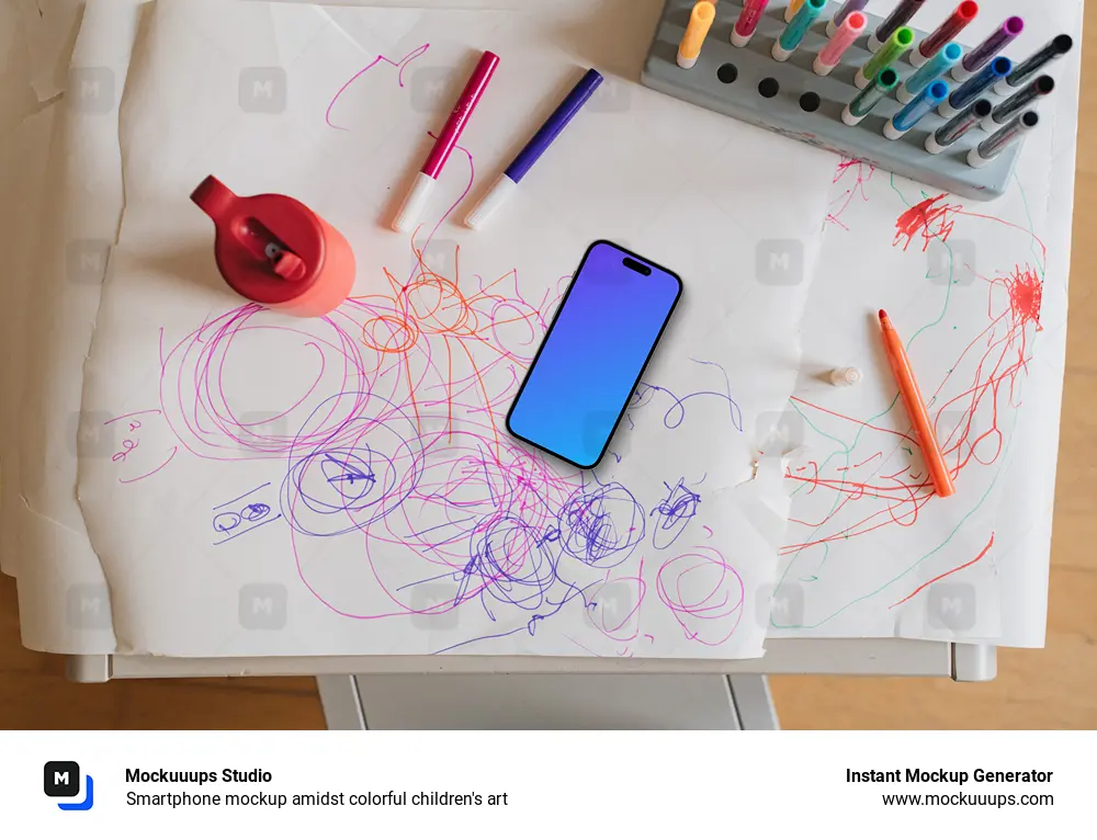 Smartphone mockup amidst colorful children's art