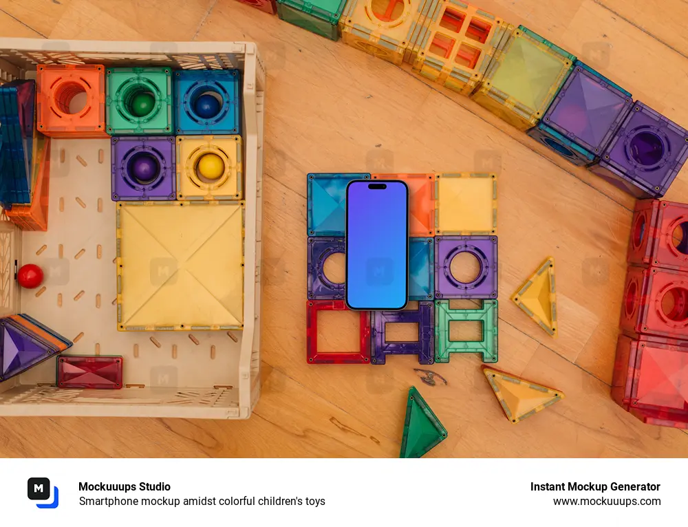 Smartphone mockup amidst colorful children's toys